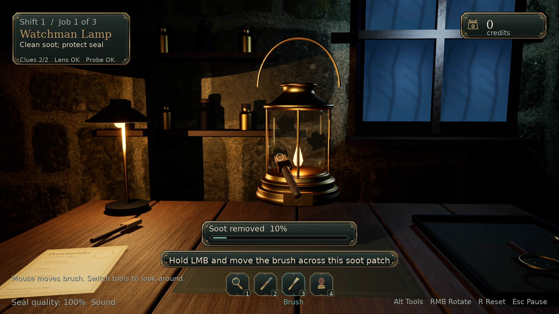 Dreadmender prototype: cleaning soot from a Watchman Lamp in a dimly lit workshop.